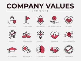 Company Values Retro Icon Set. Integrity, Leadership, Boldness, Value, Respect, Quality, Teamwork, Positivity, Passion, Collaboration, Education, Efficiency, Cleverness, Commitment, Genuine Icons. vector
