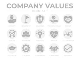 Business Company Values Round Gray Icon Set. Integrity, Leadership, Boldness, Value, Respect, Quality, Teamwork, Positivity, Passion, Education, Efficiency, Cleverness, Commitment, Genuine Icons. vector