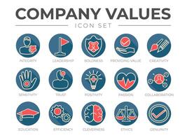 Business Company Values Round Outline Color Icon Set. Integrity, Leadership, Boldness, Value, Creativity, Sensitivity, Trust, Positivity, Passion, Efficiency, Cleverness, Ethics, Genuinity Icons. vector