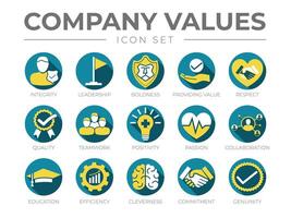 Business Company Values Round Color Icon Set. Boldness, Value, Respect, Quality, Teamwork, Positivity, Passion, Collaboration, Education, Efficiency, Cleverness, Commitment, Genuine Icons. vector