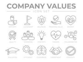 Business Company Values Outline Icon Set. Integrity, Leadership, Boldness, Quality, Teamwork, Positivity, Passion, Collaboration, Education, Efficiency, Cleverness, Commitment, Genuinity Icons. vector