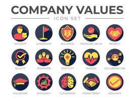 Business Company Values Round Colorful Icon Set. Integrity, Leadership, Boldness, Value, Teamwork, Positivity, Passion, Collaboration, Education, Efficiency, Cleverness, Commitment, Genuine Icons. vector