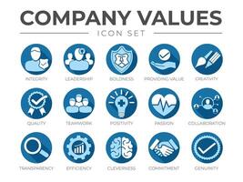 Blue Flat Business Company Values Flat Round Icon Set. Integrity, Leadership, Boldness, Teamwork, Positivity, Passion, Collaboration, Transparency, Efficiency, Cleverness, Commitment, Genuinity Icons. vector