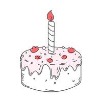 Birthday cake with candle. Food sweet, baked goods, dessert, cute icon, cartoon holiday attribute. Drawing, doodle illustration, sketch. vector