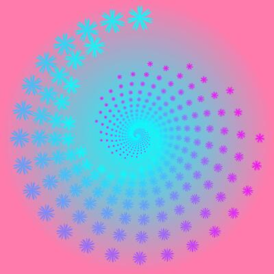 Spiral pattern of blue flowers on a pink background