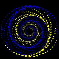 espiral en el formar de oro y azul estrellas en un negro antecedentes vector