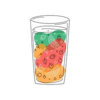 Glass of fruit juice. Food, drink, summer dessert. Vegetarian healthy eating. Cocktail, smoothie with lemons, berries, oranges, mint leaf. Drawing, doodle. vector