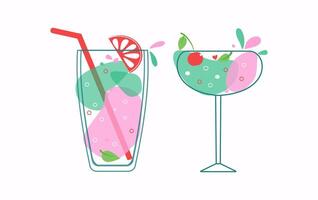 Set of cartoon wine glasses. Delicious summer alcoholic fruit cocktails. Multi-colored drinks in glasses. Mixed cold drinks. Fresh exotic tropical beach bar. Alcohol, lemonade. vector