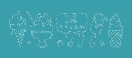 Ice cream, set of hand drawn linear icons, doodles. Ice cream, popsicle, ice. Hand lettering, illustration, background isolated white. vector