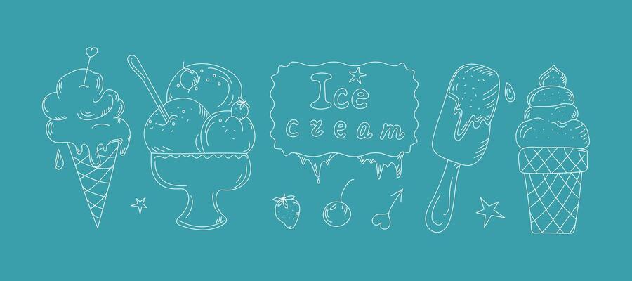 Ice cream, set of hand drawn linear icons, doodles. Ice cream, popsicle, ice. Hand lettering, illustration, background isolated white.