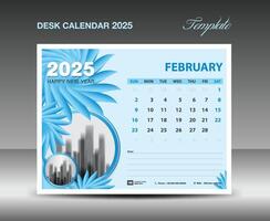 calendario 2025 diseño- febrero 2025 plantilla, escritorio calendario 2025 modelo azul flores naturaleza concepto, planificador, pared calendario creativo idea, anuncio publicitario, impresión plantilla, eps10 vector