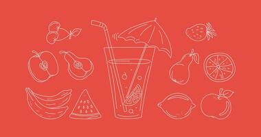 Juice in a glass, fruit cocktail. Set of abstract fruits. Juicy fruits whole and slices. Food and drinks. Abstract drawings of fruits and berries. Beach bar. Line icons. Scribble. vector