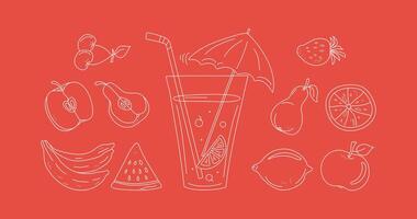 jugo en un vaso, Fruta cóctel. conjunto de resumen frutas jugoso frutas todo y rebanadas comida y bebidas resumen dibujos de frutas y bayas. playa bar. línea iconos Escribiendo. vector