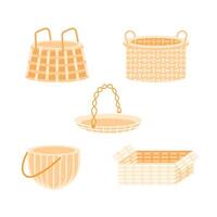 Basket set. Wicker rattan picnic basket. Handmade hampers and boxes. vector