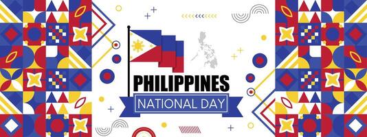 Filipinas independencia día resumen bandera diseño con bandera y mapa. bandera color tema geométrico modelo retro moderno ilustración diseño. azul, rojo, amarillo y blanco color modelo. vector
