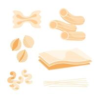 Pasta of different shapes. Italian food collection. Spaghetti, Farfalle and penne. vector