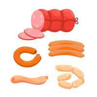 Meat products set. Sausages with slices. Whole and sliced farm meat products. vector