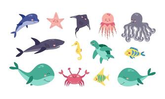conjunto de mar animales dibujos animados ilustración para pegatinas, productos, diseño para para niños libros, dormitorios y salas de juegos vector