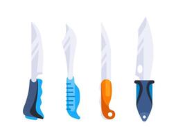Knife camping set. Tool hiking. Handle sharp, weapon army. vector