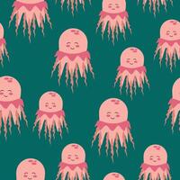 Seamless pattern pink jellyfish on sea green background. cartoon illustration for children's wallpaper, textile, packaging. vector