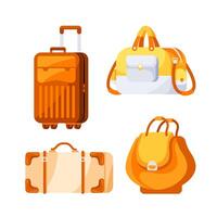 Travel bags, suitcases set. Camping and hiking rucksack. Travelers luggage. vector