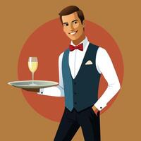 person in waiter uniform carries tray- vector