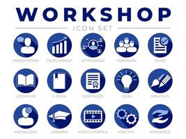 Round Workshop Icon Set. Presentation, Development, Networking, Teamwork, Guide, Literature, E-Book, Certificate, Ideas, Creativity, Knowledge, Learning, Tutorials, Practice, Assistance Icons. vector