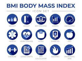 Blue BMI Body Mass Index Round Icon Set of Weight, Height, BMI Machine, Graph, Measuring, Health, Heart Disease, Scale, Diabetes, Diet, Exercise, Habits, BMI Calculator, Calories, Risk Icons. vector