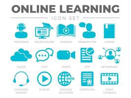 Online Learning Icon Set. Professor, Online Course, Webinar, Presentation, E-Book, Cloud, Chat, Videos, Test, Networking, Customer Support, Playlist, Distance Education, Certificate, Tutorials Icons vector