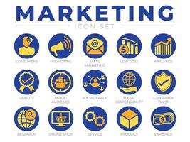 Colorful Round Marketing Icon Set. Consumers, Promotion, Email Marketing, Low Cost, Analytics, Quality, Target Audience, Social, Trust, Online Shop, Service, Product, Webshop and Earning Icons vector