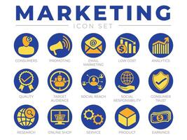 Colorful Round Marketing Icon Set. Consumers, Promotion, Email Marketing, Low Cost, Analytics, Quality, Target Audience, Social, Trust, Online Shop, Service, Product, Webshop and Earning Icons vector
