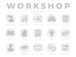 Round Gray Workshop Icon Set. Presentation, Development, Networking, Teamwork, Guide, Literature, E-Book, Certificate, Ideas, Creativity, Knowledge, Learning, Tutorials, Practice, Assistance Icons. vector