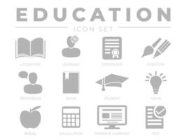 gris educación icono colocar. literatura, aprendiendo, certificado, creatividad, profesor, libro, alumno, ideas, romper, cálculo, distancia prueba íconos vector