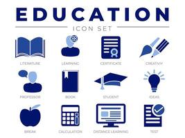 Education School Icon Set. Literature, Learning, Certificate, Creativity, Professor, Book, Student, Ideas, Break, Calculation, Distance Test Icons vector