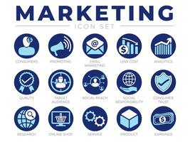 Blue Marketing Icon Set. Consumers, Promotion, Email Marketing, Low Cost, Analytics, Quality, Target Audience, Social, Trust, Research, Online Shop, Service, Product, Webshop and Earning Icons vector