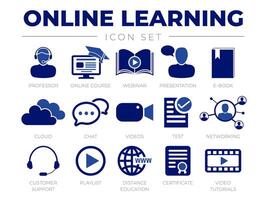 Online Learning Icon Set. Professor, Online Course, Webinar, Presentation, E-Book, Cloud, Chat, Test, Networking, Customer Support, Playlist, Distance Education, Certificate, Tutorials Icons vector