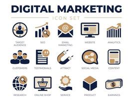 Digital Marketing Icon Set. Target Audience, SEO, Email Marketing, Website, Analytics, Customers, Testimonials, Attract, Social Media, Content, Online Shop, Service, Product, Earnings Icons vector