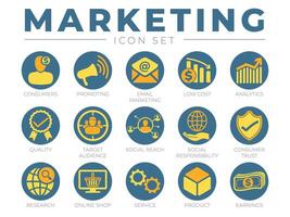 Round Marketing Icon Set. Consumers, Promotion, Email Marketing, Low Cost, Analytics, Quality, Target Audience, Social, Trust, Research, Online Shop, Service, Product, Webshop and Earning Icons vector