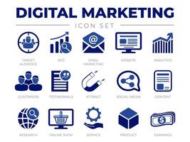 Blue Digital Marketing Icon Set. Target Audience, SEO, Email Marketing, Website, Analytics, Customers, Testimonials, Attract, Social Media, Content, Icons. vector