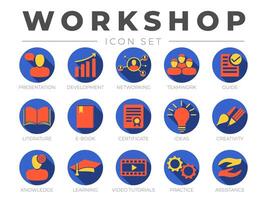 Round Workshop Icon Set. Presentation, Development, Networking, Teamwork, Guide, Literature, E-Book, Certificate, Ideas, Creativity, Knowledge, Learning, Tutorials, Practice, Assistance Icons. vector