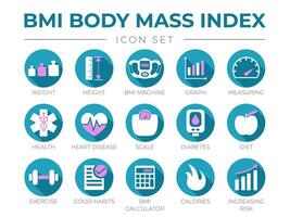 BMI Body Mass Index Round Icon Set of Weight, Height, BMI Machine, Graph, Measuring, Health, Heart Disease, Scale, Diabetes, Diet, Exercise, Habits, BMI Calculator, Calories, Risk Icons. vector