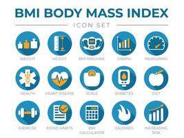 BMI Body Mass Index Round Icon Set of Weight, Height, BMI Machine, Graph, Measuring, Health, Heart Disease, Scale, Diabetes, Diet, Exercise, Habits, BMI Calculator, Calories, Risk Icons. vector