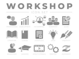 Workshop Icon Set. Presentation, Development, Networking, Teamwork, Guide, Literature, E-Book, Certificate, Ideas, Creativity, Knowledge, Learning, Tutorials, Practice, Assistance Icons. vector