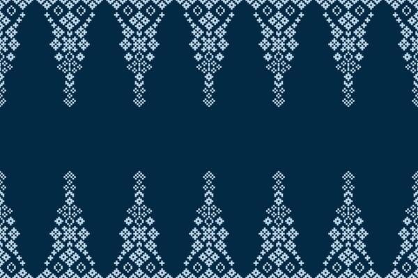 Traditional ethnic motifs ikat geometric fabric pattern cross stitch.Ikat embroidery Ethnic oriental Pixel navy blue background. Abstract,illustration. Texture,decoration,wallpaper.