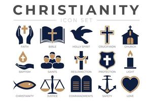 Christianity Icon Set with Faith, Bible, Crucifixion , Baptism, Church, Resurrection, Holy Spirit, Saints, Commandments,Light, Protection, Justice, Safety and Love Christian Icons vector