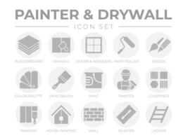 Round Gray Painter and Drywall Icon Set with Plasterboard, Paint Roller, Brush, Painter Color Palette, Painting, Wall, Plaster, Ladder Icons vector