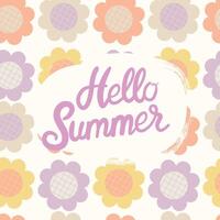 y2k estética, maravilloso margarita flores verano tarjeta con letras Hola verano. floral tarjeta en 1970 hippie retro estilo. vector
