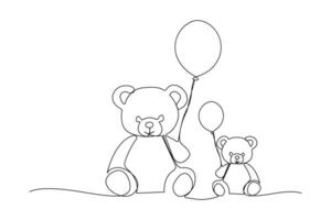 Cute teddy bears holding balloon one-line art drawing. Teddy toy birthday theme continuous outline vector