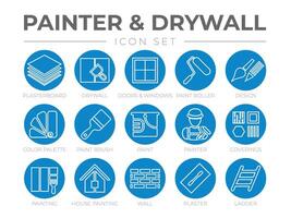 Round Outline Painter and Drywall Icon Set with Plasterboard, Paint Roller, Brush, Painter Color Palette, Painting, Wall, Plaster, Ladder Icons vector