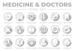Medicine Gray Flat Icon Set of Gynecology, Oncology, Dermatology, Urology, Internists, Immunology, Laboratory, Emergency, Ophthalmology, Family Medicine, Plastic Surgery, Pediatrics Medical vector